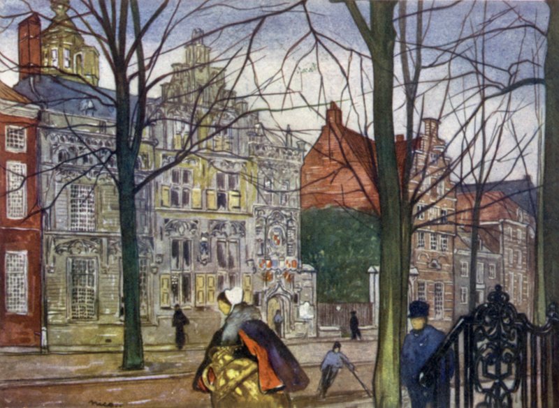 Oude Delft (färglitografi) av Nico Jungman