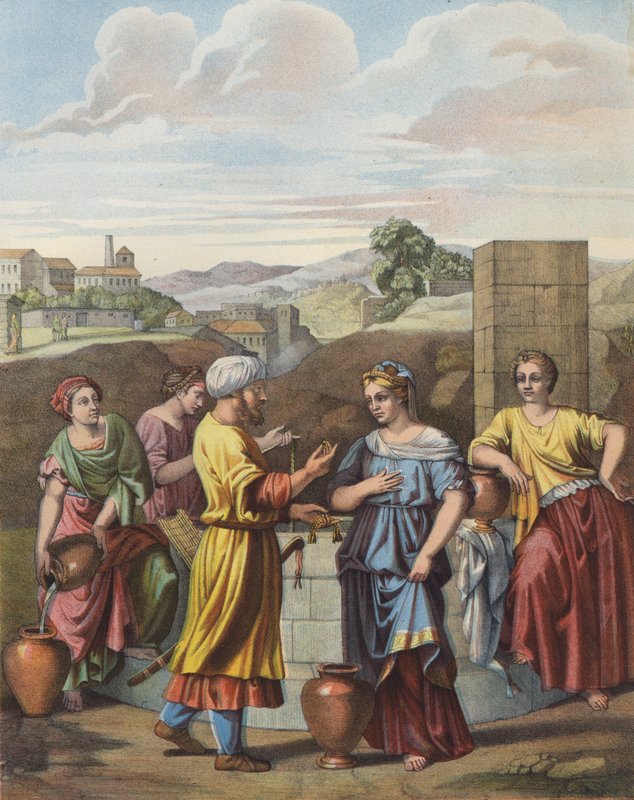 Eliezer och Rebecca vid brunnen av after Nicolas Poussin