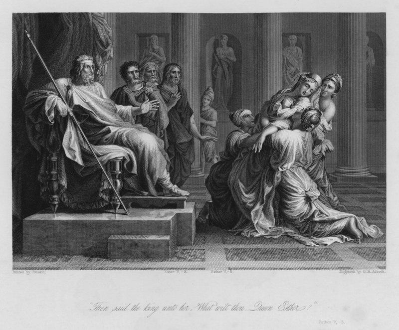 Esther före Ahasveros, Esther V, 3 (gravyr) av Nicolas (after) Poussin