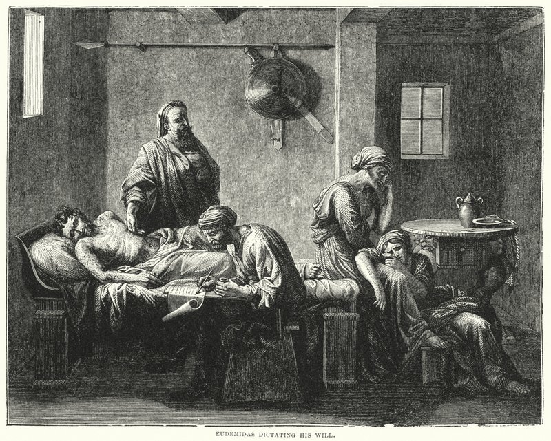 Eudemidas dikterar sitt testamente (gravyr) av Nicolas (after) Poussin
