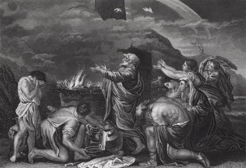 Noas offer, Första Moseboken, kap 8, v 20 (gravyr) av Nicolas (after) Poussin