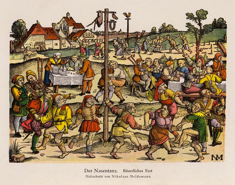 Näsdansen på en landsbygdsfestival (färg litho) av Nicolaus Meldemann