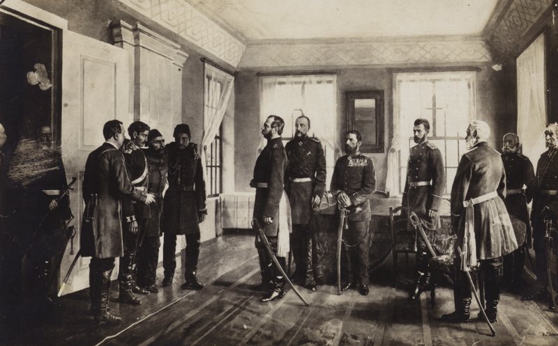 Den tillfångatagna osmanske generalen Osman Pasha presenterades för tsar Alexander II av Ryssland efter att ha kapitulerat vid belägringen av Pleven, det rysk-turkiska kriget 1877-1878 av Nikolai Dmitrievich Dmitriev Orenburgsky