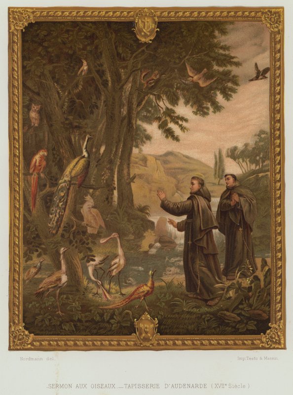 St Francis av Assisis predikan till fåglarna (färg litho) av Nordmann (after)