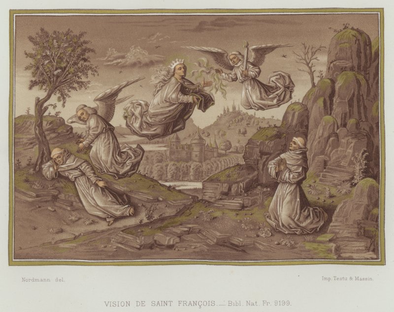 Vision av St Francis av Assisi (färg litho) av Nordmann (after)