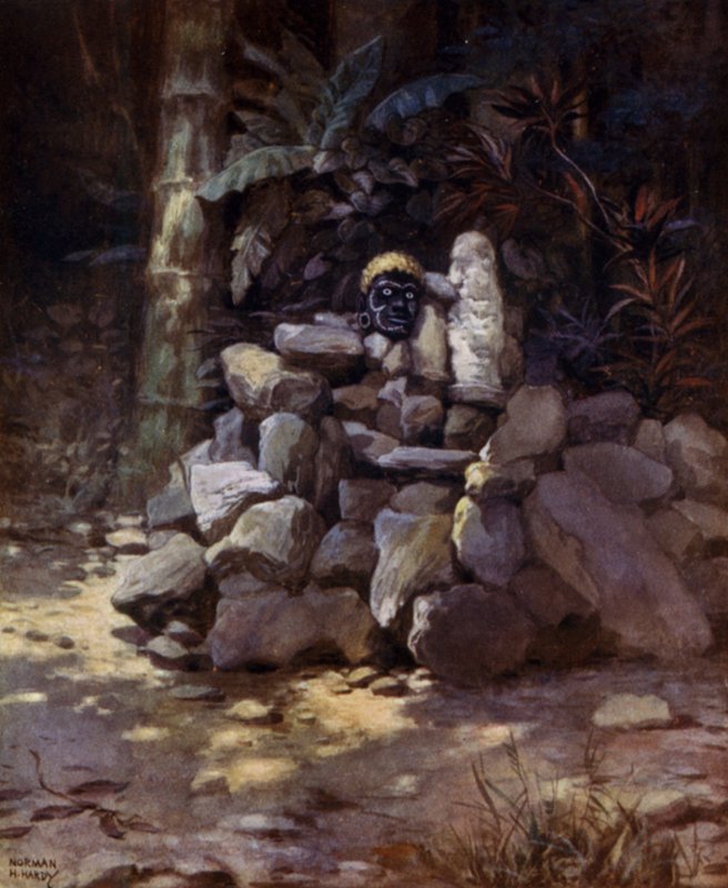 En helgedom eller grav för en hövding i Simbo, Salomonöarna (färg litho) av Norman Hardy