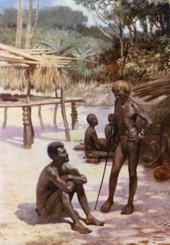En Yam Shed på ön Tierra Espiritu Santo, Nya Hebriderna (färg litho) av Norman Hardy