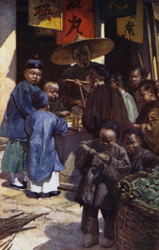 Kina: Pojkar runt en söt stall (färg litho) av Norman Hardy