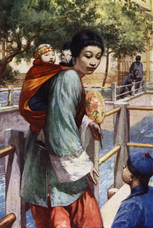 Kina: Flicka och baby (färg litho) av Norman Hardy