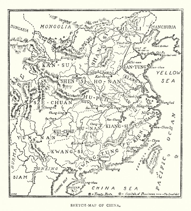 Kina: Skiss-karta över Kina (färg litho) av Norman Hardy