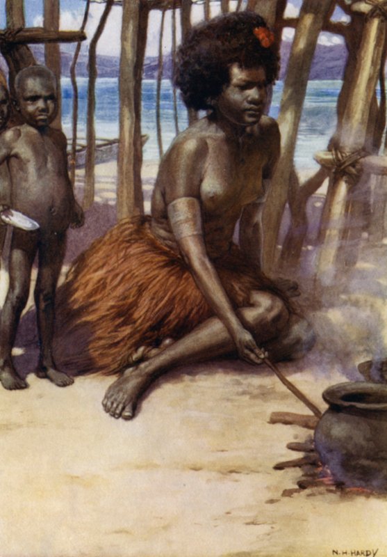 Cooking the Meal, Brittiska Nya Guinea (färg litho) av Norman Hardy