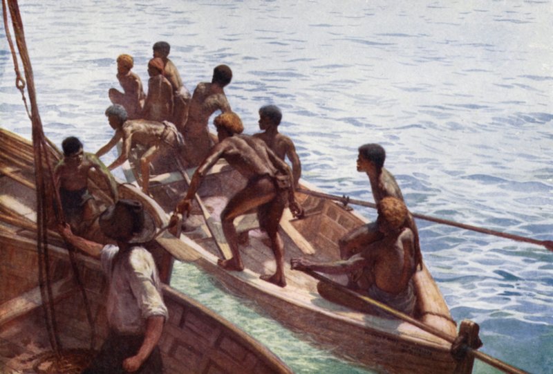 Copra Boys off to the Shore, New Hebrides (färg litho) av Norman Hardy
