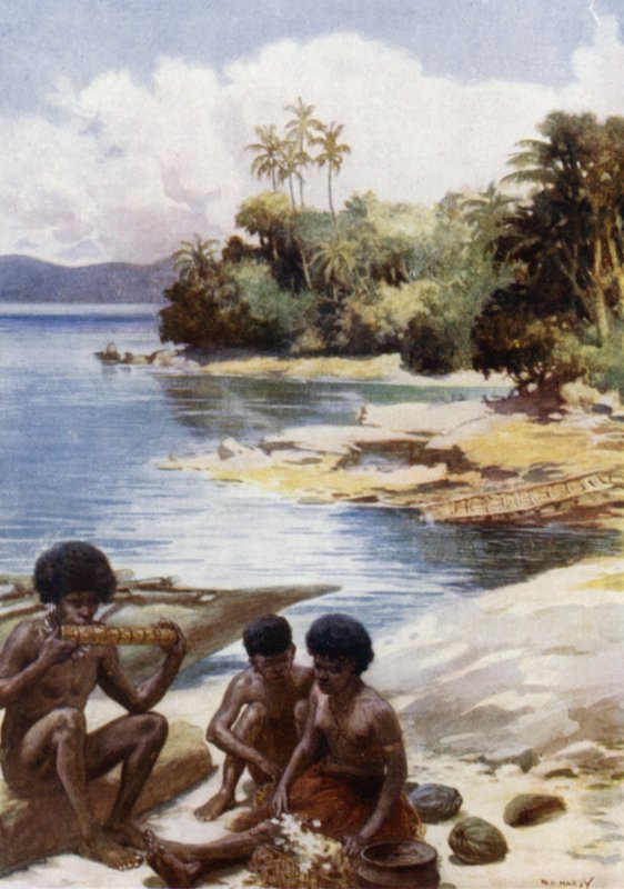 Middagstid på Kwato, Brittiska Nya Guinea (färg litho) av Norman Hardy