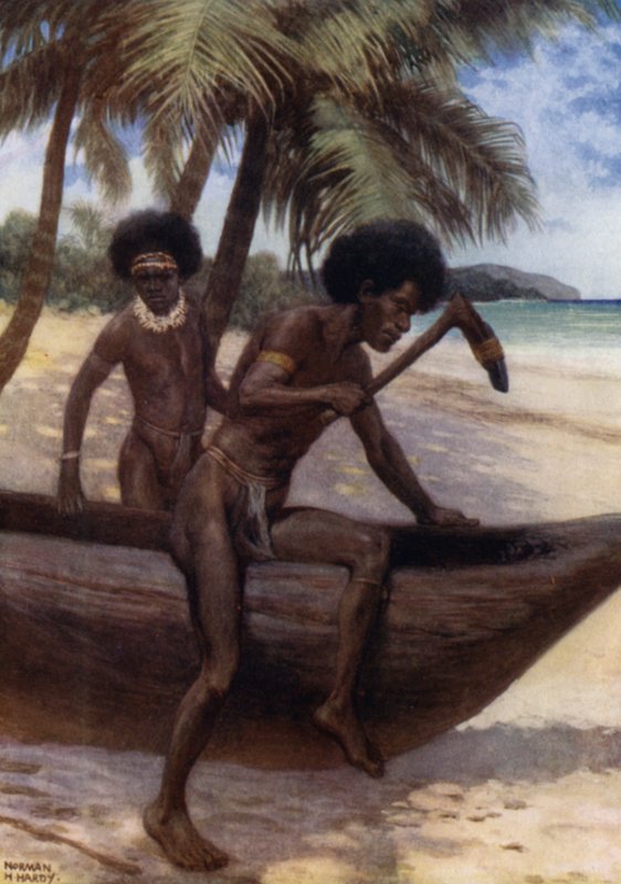 Avsluta en kanot, Brittiska Nya Guinea (färg litho) av Norman Hardy