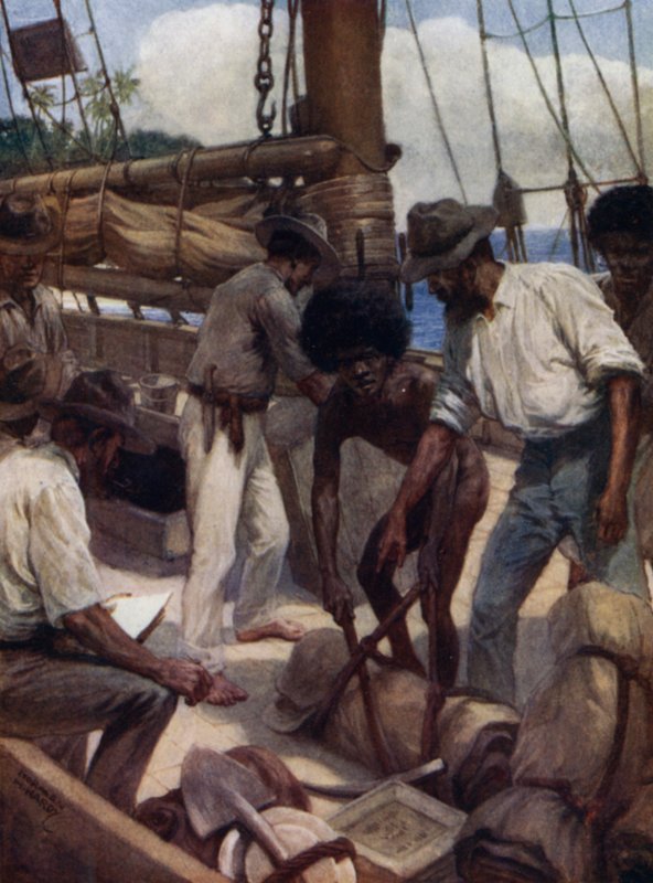 Guldgruvarbetare som lämnar ett handelsfartyg, Brittiska Nya Guinea (färg litho) av Norman Hardy