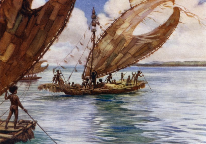 Stora handelskanoter, Brittiska Nya Guinea (färg litho) av Norman Hardy