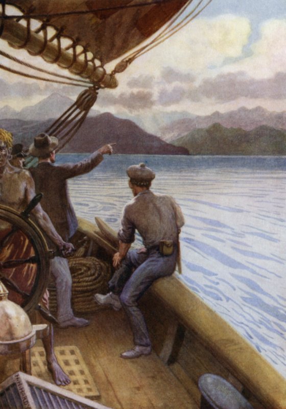 Lämnar Santo, utsikt över bergen, Nya Hebriderna (färg litho) av Norman Hardy