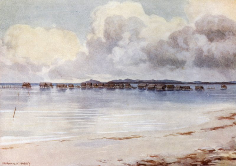 Marine Village, Tupusuli, Brittiska Nya Guinea (färg litho) av Norman Hardy