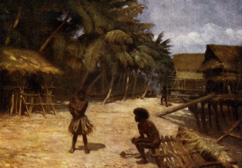 Motu Village, Port Moresby, Brittiska Nya Guinea (färg litho) av Norman Hardy