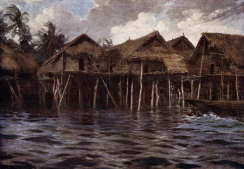 Motu Village from the Sea (färg litho) av Norman Hardy
