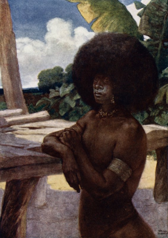 Infödd i Brittiska Nya Guinea, visar sättet att bära håret (färg litho) av Norman Hardy