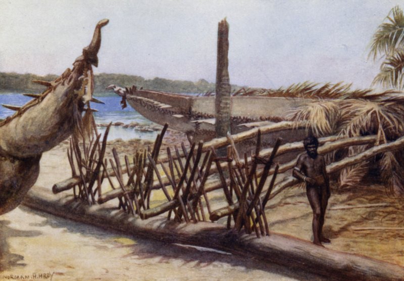 Gamla krigskanoter, nära Malekula, Nya Hebriderna (färg litho) av Norman Hardy