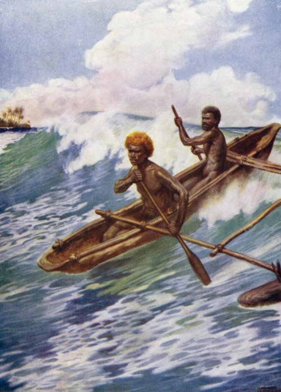 Passing the Reef, Aoba, New Hebrides (färg litho) av Norman Hardy