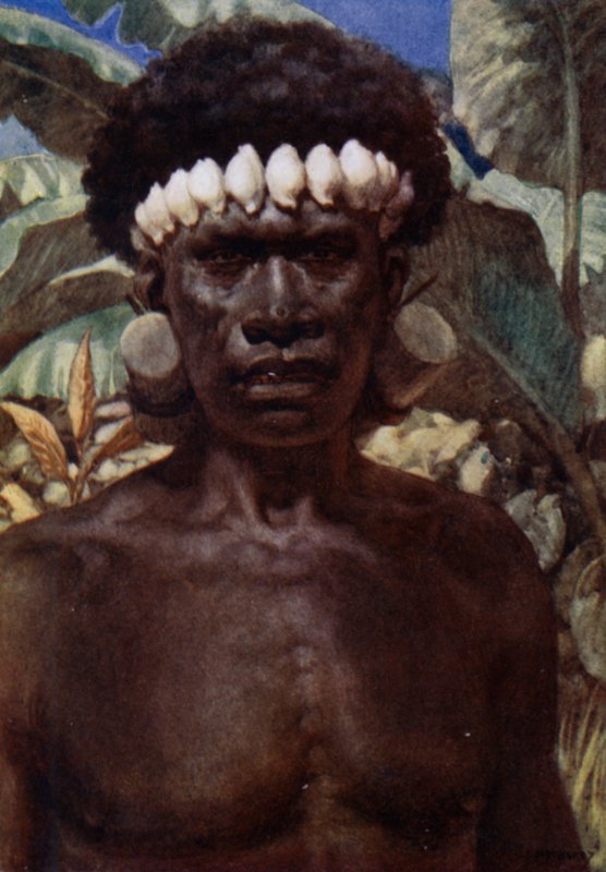 Porträtt av en Salomon Island Cannibal (färg litho) av Norman Hardy