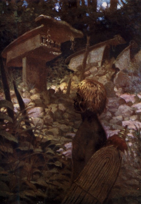 Sacred Skull Shrines, Brittiska Salomonöarna (färg litho) av Norman Hardy