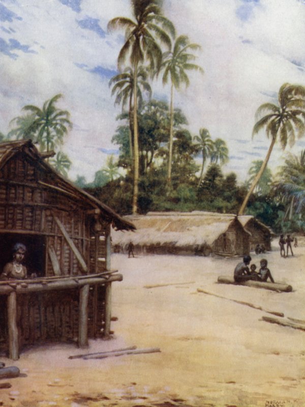 Solomon Island Village, nära Marau Sound, New Florida (färg litho) av Norman Hardy