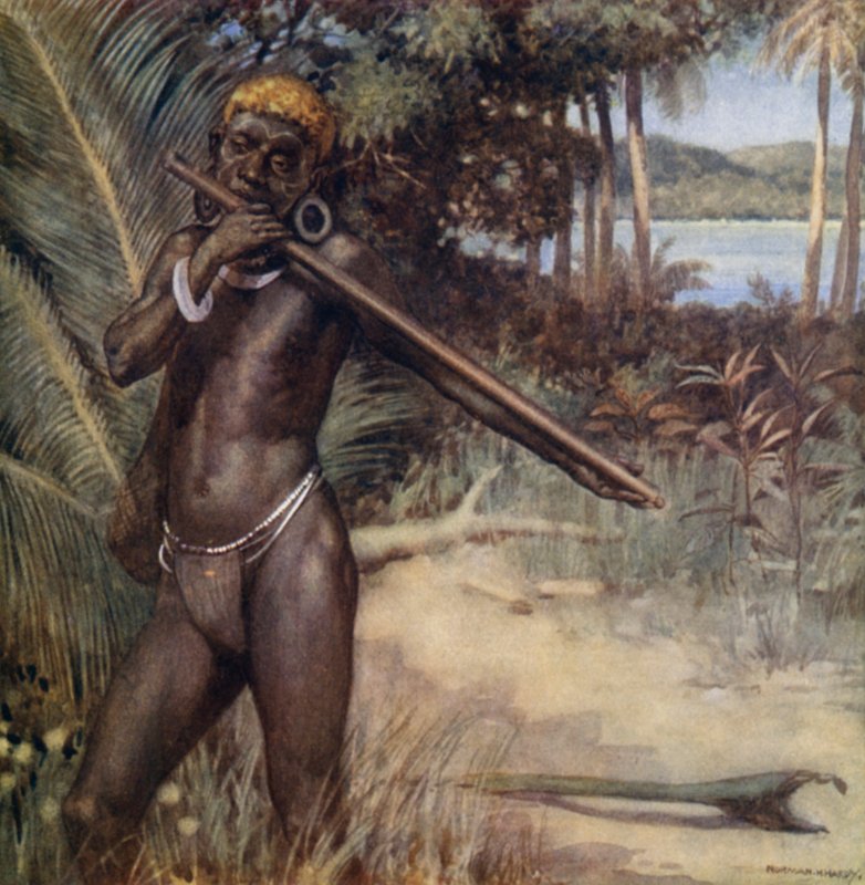 Solomon Islander spelar "Ivivu" eller flöjt (färg litho) av Norman Hardy