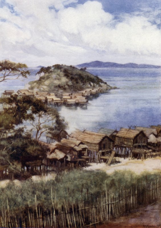 Ön Elevera från Mission Station, Port Moresby, Brittiska Nya Guinea (färg litho) av Norman Hardy
