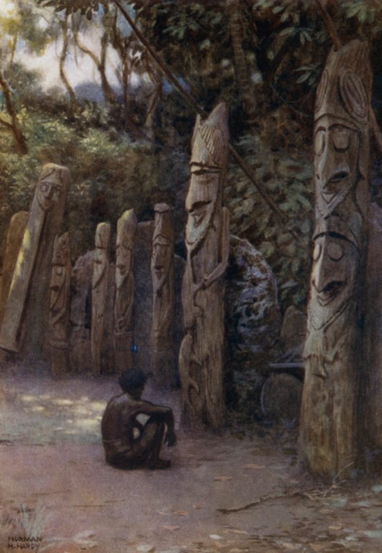 Stenen "Demits", eller själarna, med tillhörande träfigurer, Malekula Island, New Hebrides (färg litho) av Norman Hardy