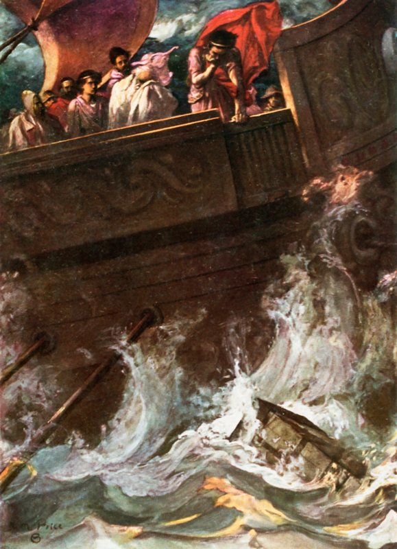 Drottningen kastade överbord. Pericles, Prince of Tyre – Akt III, Scen 1, ca 1925 (färg litho) av Norman Mills Price