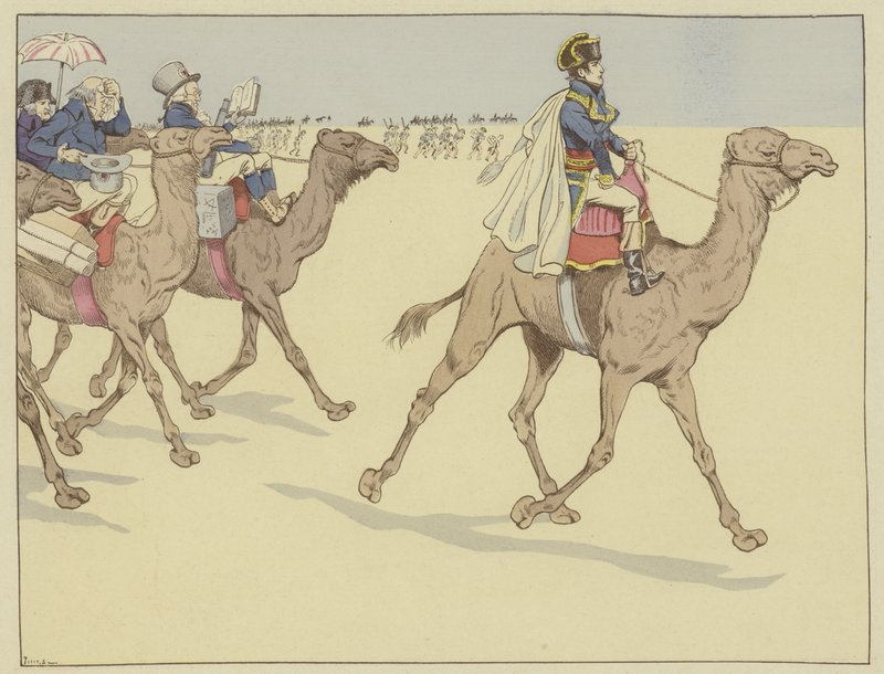 Anlände till faraonernas land gick Napoleon överallt följt av en kommission av forskare och konstnärer som aldrig hade ridit på en kamel, 1 juli 1798 av Onfray de Breville Job