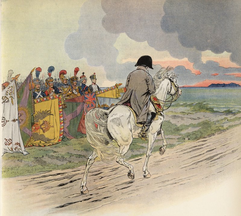 Fantasifull bild av Napoleon på hästryggen som tar emot respekten från Europas soldater av Onfray de Breville Job