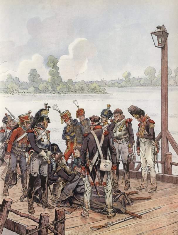 Jean Lannes, efter att ha blivit dödligt sårad i slaget vid Aspern-Essling, med Napoleon, 1809 av Onfray de Breville Job