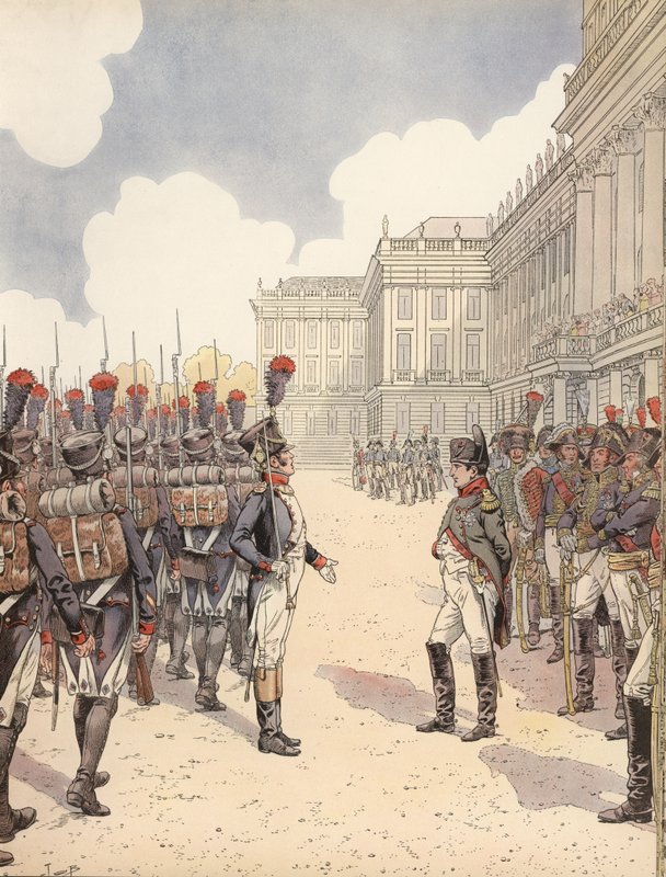Napoleon närmades av en nervös löjtnant under en parad i Schönbrunn av Onfray de Breville Job