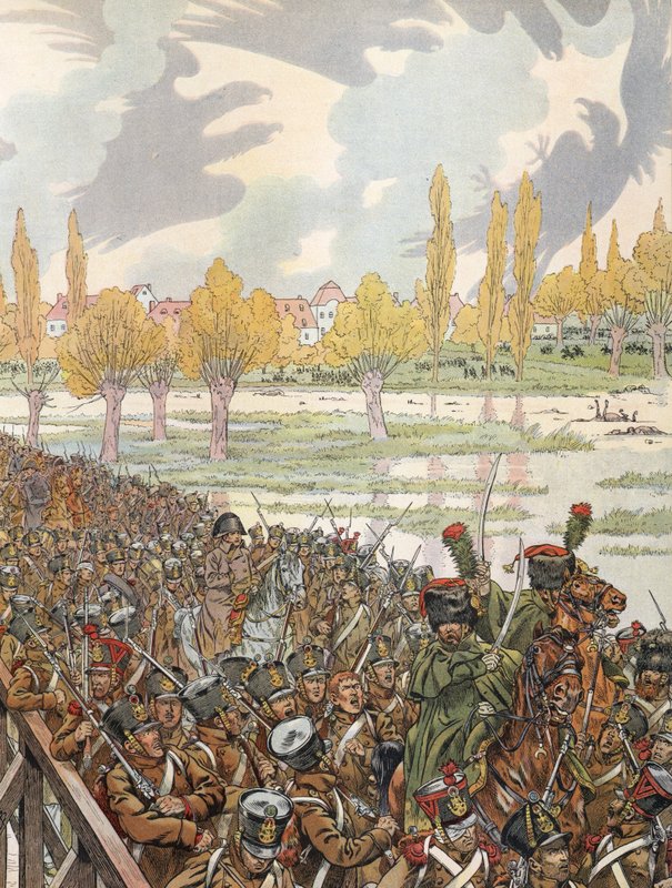 Napoleon korsar bron vid Elster med sin armé, med en olycksbådande himmel av Onfray de Breville Job
