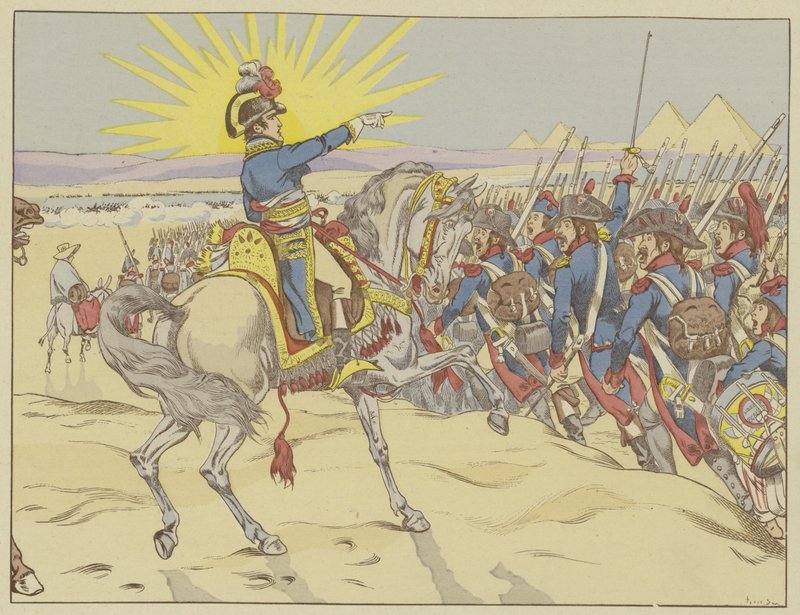 Napoleon inspirerade sina trupper i slaget vid pyramiderna, Egypten, 21 juli 1798 av Onfray de Breville Job