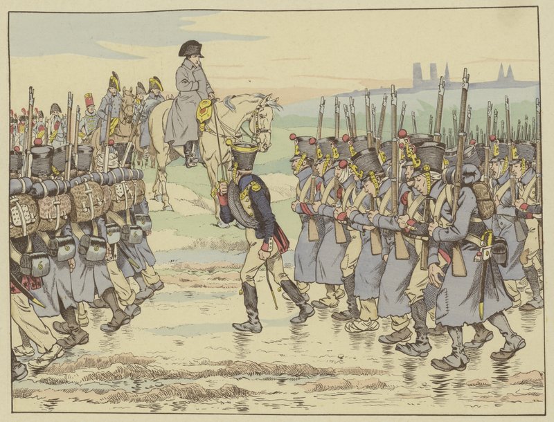 Napoleon ser på som arméns sista kontingent i det franska fälttåget marscherar förbi nära Reims, 16 mars 1814 av Onfray de Breville Job
