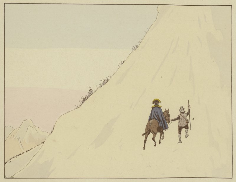 Napoleon passerade Mont St Bernard ridande på en mula, guidad av en ung man som han generöst belönade, 16 maj 1800 av Onfray de Breville Job