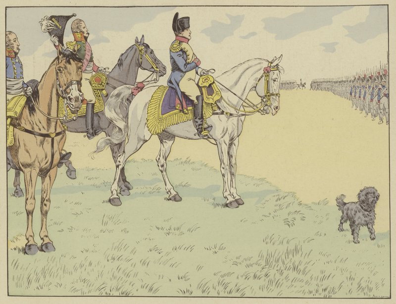 Napoleon granskar den franska armén efter att ha undertecknat fördragen i Tilsit, 7 juli 1807 av Onfray de Breville Job