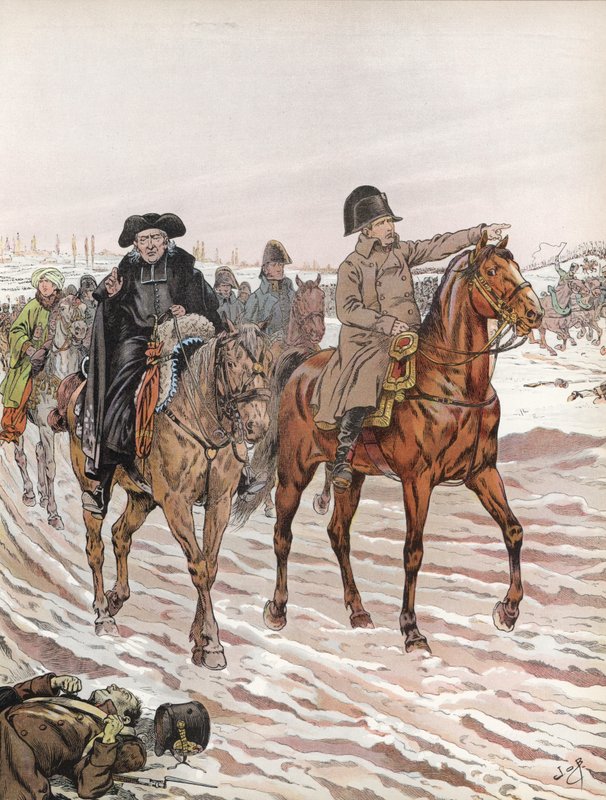 Napoleon, ridande tillsammans med Abbe Henriot, 1814 av Onfray de Breville Job