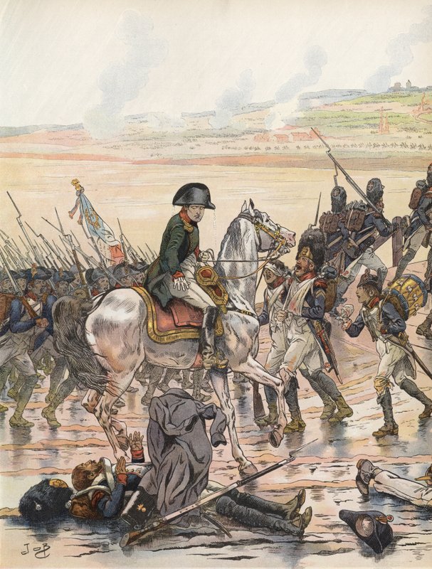 Napoleon visar hänsyn till en av sina fallna soldater under Rhenfälttåget av Onfray de Breville Job