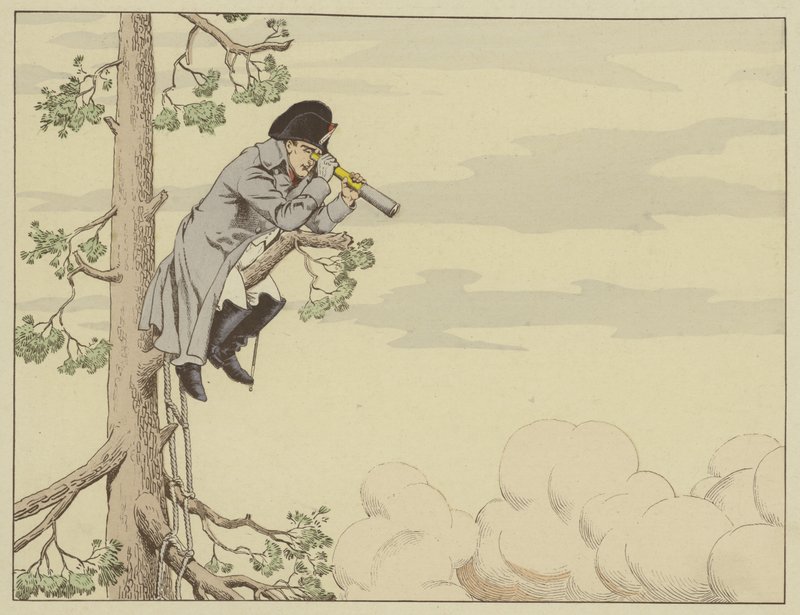 Napoleon tittar på slaget vid Aspern-Essling från toppen av ett träd på ön Lobau, 22 maj 1809 av Onfray de Breville Job