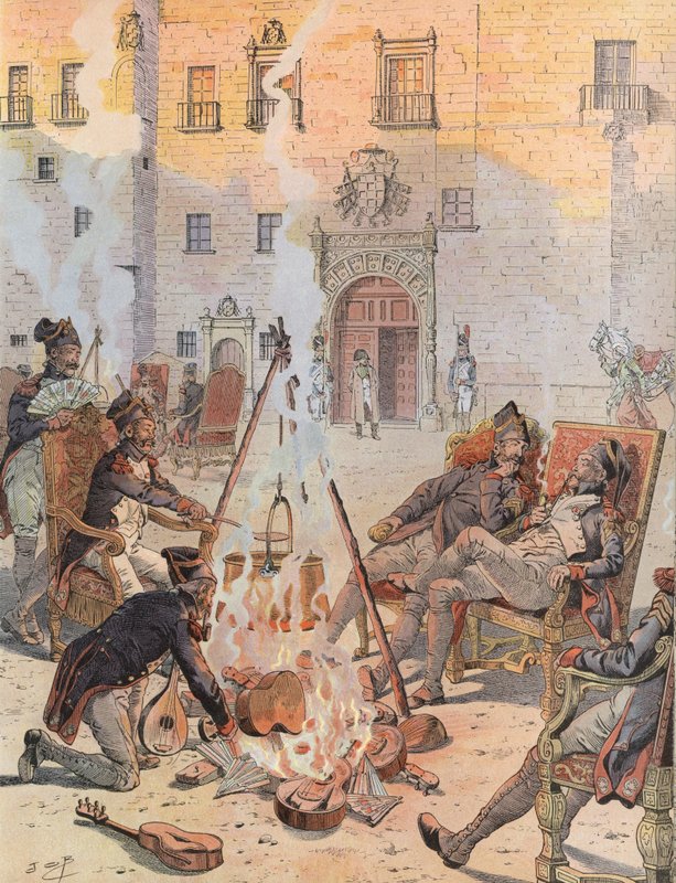 Napoleon ser några av sina trupper koppla av i Burgos av Onfray de Breville Job