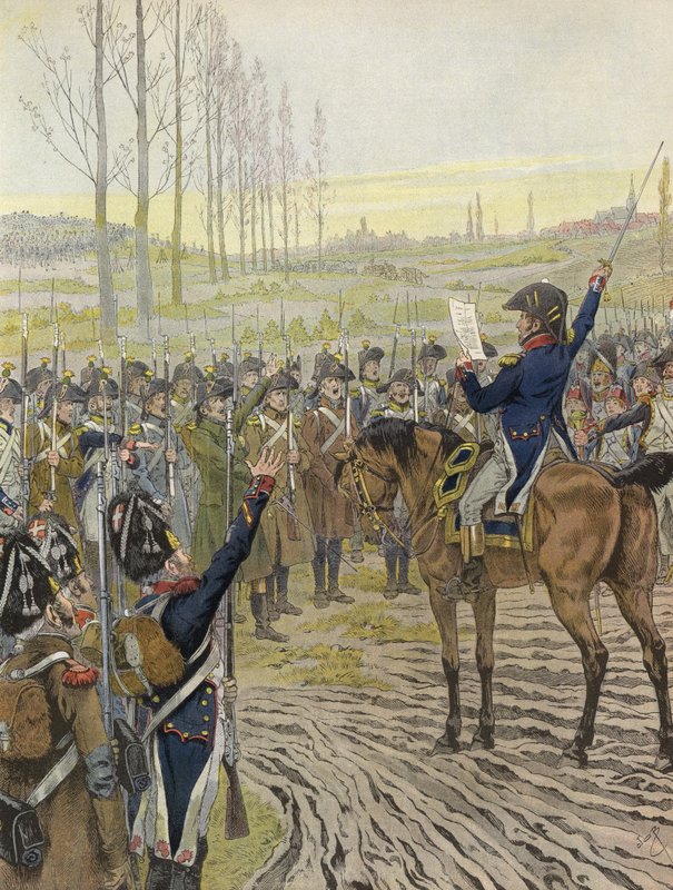 Napoleons ord lästes upp för några av hans trupper under Rhenfälttåget, 1805 av Onfray de Breville Job