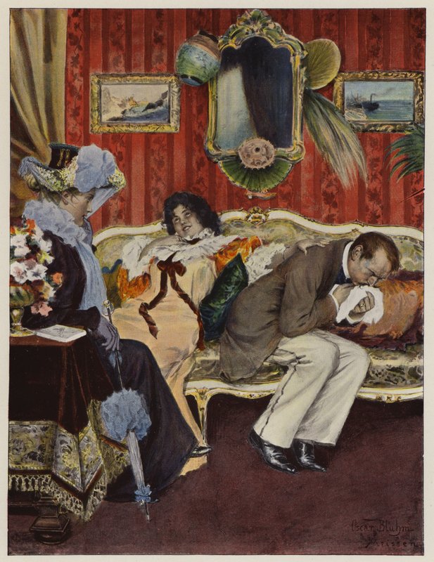 Nygift par på smekmånad, med maken som lider av hosta (färg litho) av Oscar Bluhm