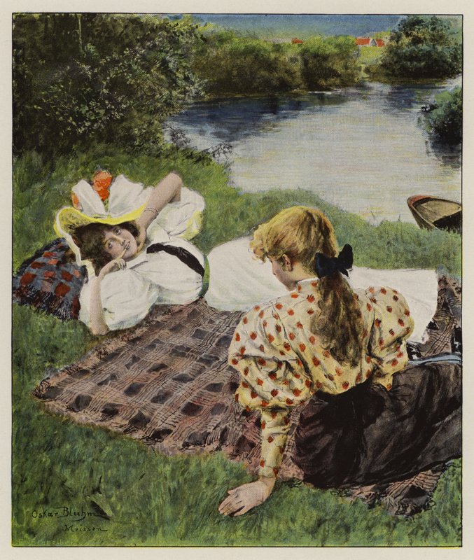 Två unga kvinnor kopplar av på en flodstrand och diskuterar att vara kär (färg litho) av Oscar Bluhm